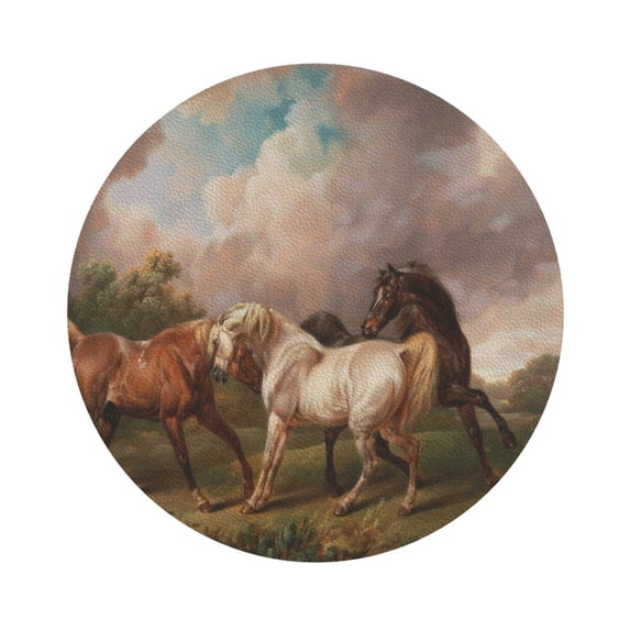 Balery 4 Pcs Three Horses Oil Paintingleather Coasters Set, Drink Table Cup Coasters For Living Room Kitchen Coffee Decor