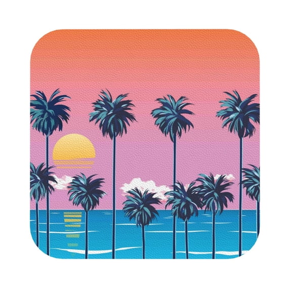Balery 6 Pcs Beach With Palm Treesleather Coasters Set, Drink Table Cup Coasters For Living Room Kitchen Coffee Decor
