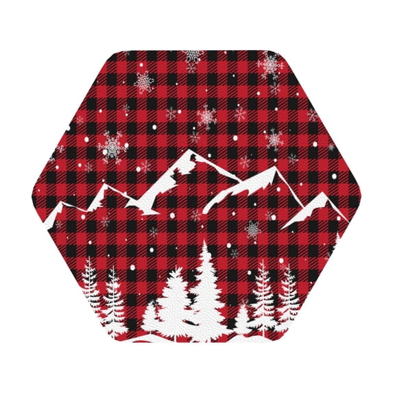 Balery 6 Pcs Christmas Tree Buffalo Plaidleather Coasters Set, Drink Table Cup Coasters For Living Room Kitchen Coffee Decor