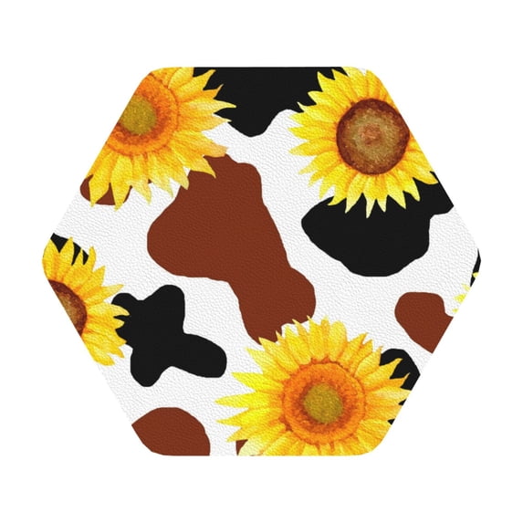 Balery 6 Pcs Cow Print Sunflowerleather Coasters Set, Drink Table Cup Coasters For Living Room Kitchen Coffee Decor