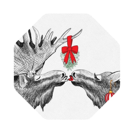 Balery 6 Pcs Funny Christmas Moose Kissing Under Mistletoeleather Coasters Set, Drink Table Cup Coasters For Living Room Kitchen Coffee Decor