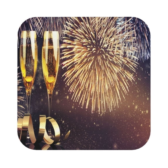 Balery 6 Pcs Happy New Yearleather Coasters Set, Drink Table Cup Coasters For Living Room Kitchen Coffee Decor