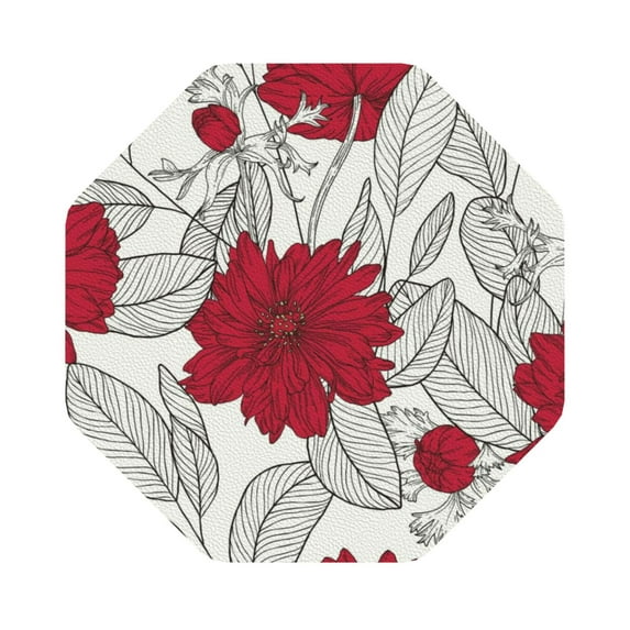 Balery 6 Pcs Leaves And Anemone Flowers In Red Greyleather Coasters Set, Drink Table Cup Coasters For Living Room Kitchen Coffee Decor