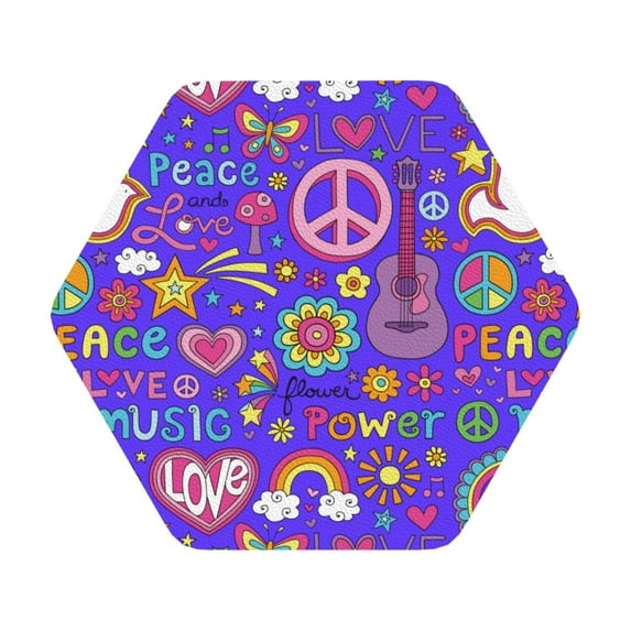 Balery 6 Pcs Peace Love And Dove Flower Powerleather Coasters Set, Drink Table Cup Coasters For Living Room Kitchen Coffee Decor
