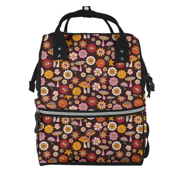 Balery 70s Groovy Hippie Retro Mummy Backpack - Waterproof Twill Canvas, Large Capacity Diaper Bag with Multiple Pockets and Adjustable Straps