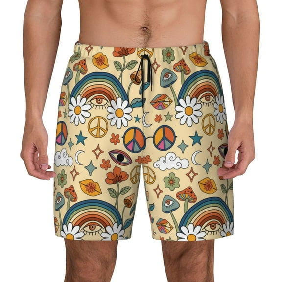 Balery 70s Hippie Style Mens Swim Trunks Swim Shorts for Men Quick Dry Inseam Beach Shorts with Compression Liner Pocket-Small