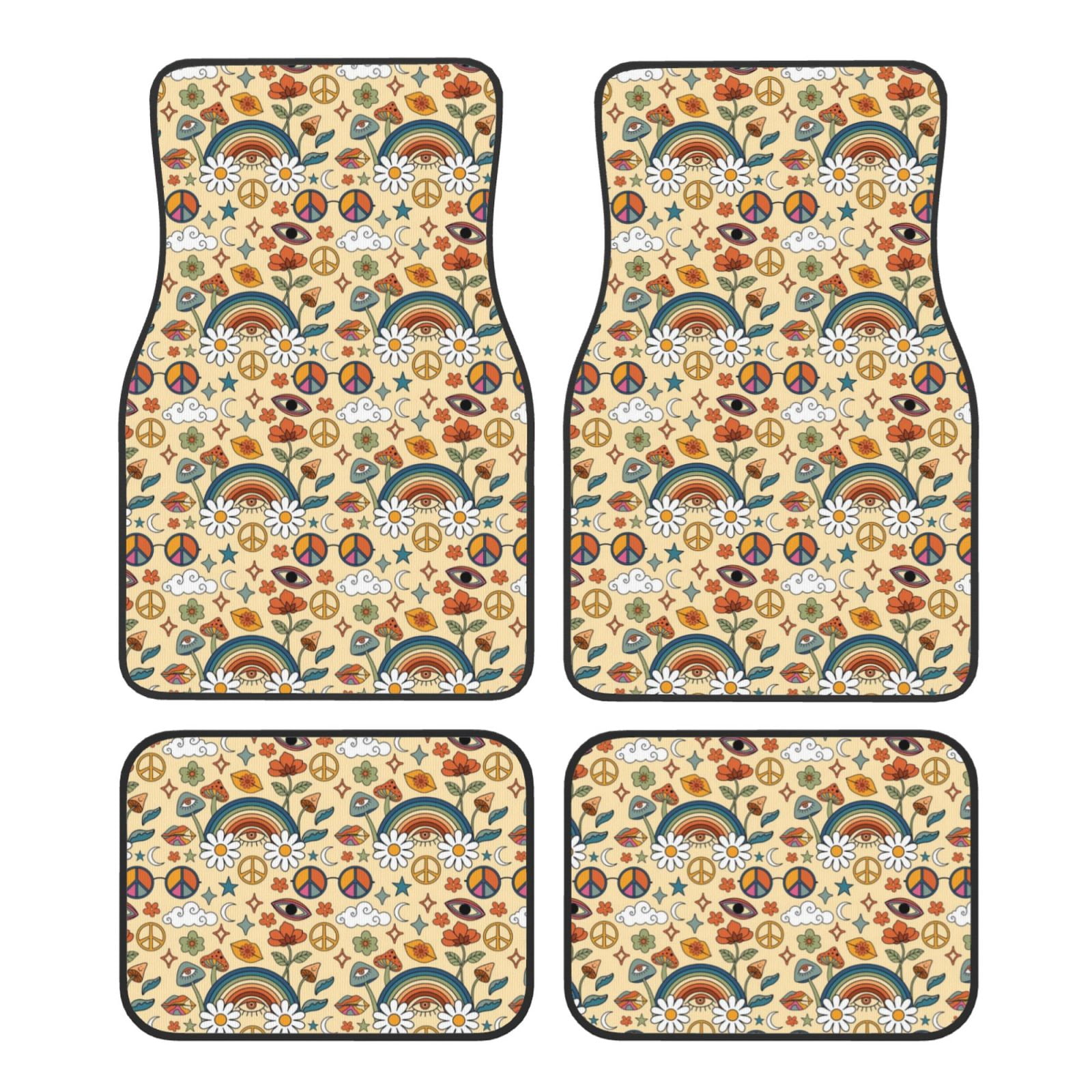 Flor Pattern Design Balery 70s Hippie Style Pattern 4-Piece Floor Mats, Heavy-Duty Rubber ...