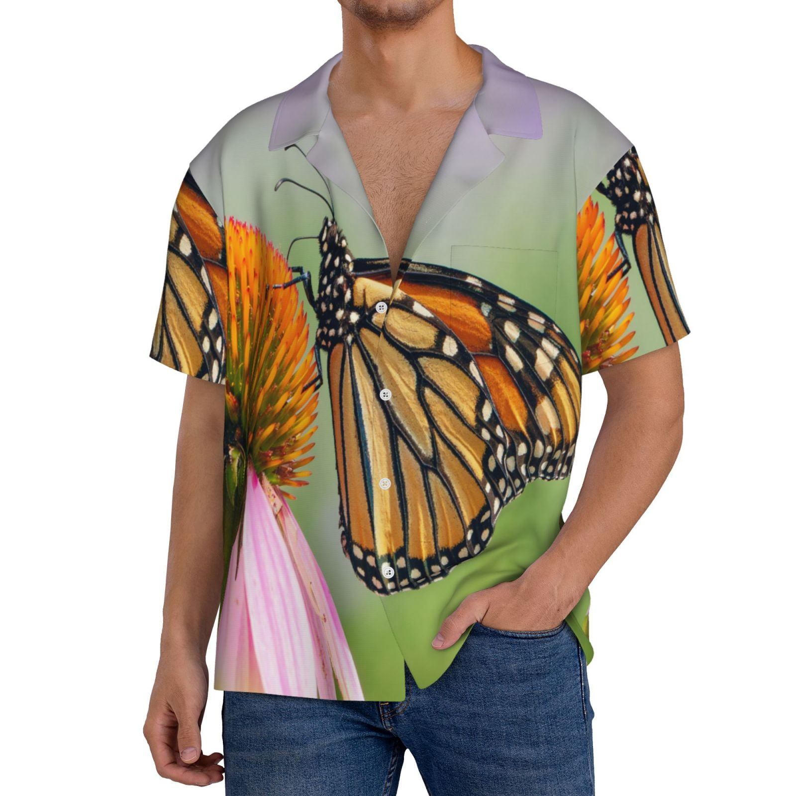 Blue Butterfly Print Men's Short Sleeve Shirt