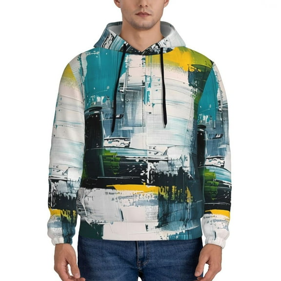 Balery Abstract Brushstrokes Green Blue Pattern Mens Hoodie Kangaroo Pocket Hoodie Pullover Hooded Sweatshirt Ideal for Daily Wear Travel and Home-3X-Large