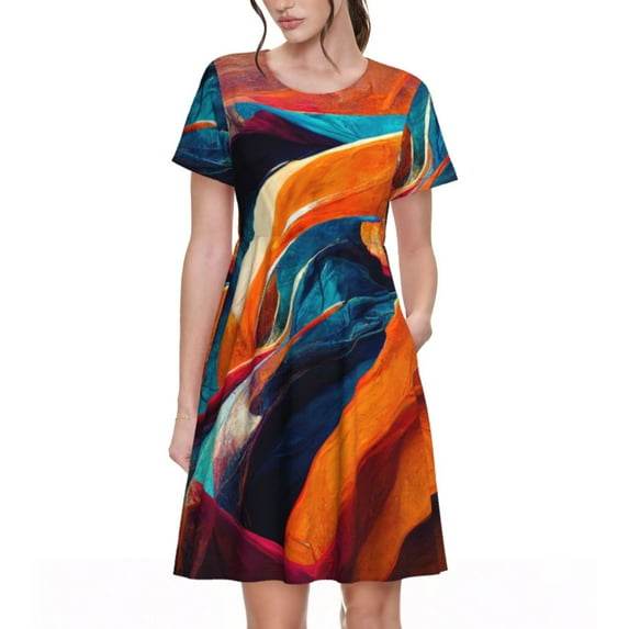 Balery Abstract Fabric Color Waves Pattern Womens Dresses Loose Short sleeve Sundresses Swimsuit Coverup 2025 Summer Casual Dress for Women - A-Line Swing Dress