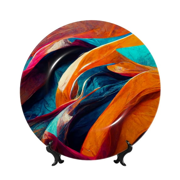 Balery Abstract Fabric Color Waves Print Bone China Decorative Plate Ceramic Dinner Plates Art Crafts with Display Stand-10in
