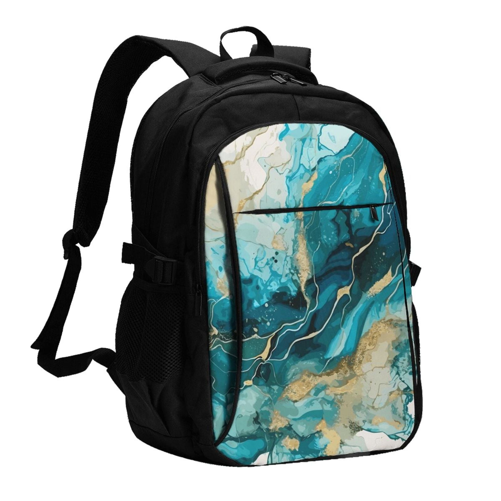Balery Abstract Ocean Currents Print USB Charging Backpack for Men and