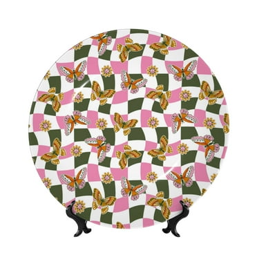 Balery Abstract Pink Plaid Butterfly Print Bone China Decorative Plate Ceramic Dinner Plates Art Crafts with Display Stand-6in