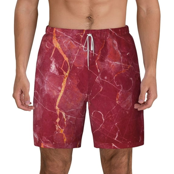 Balery Abstract Red Marble Mens Swim Trunks Swim Shorts for Men Quick Dry Inseam Beach Shorts with Compression Liner Pocket-X-Large