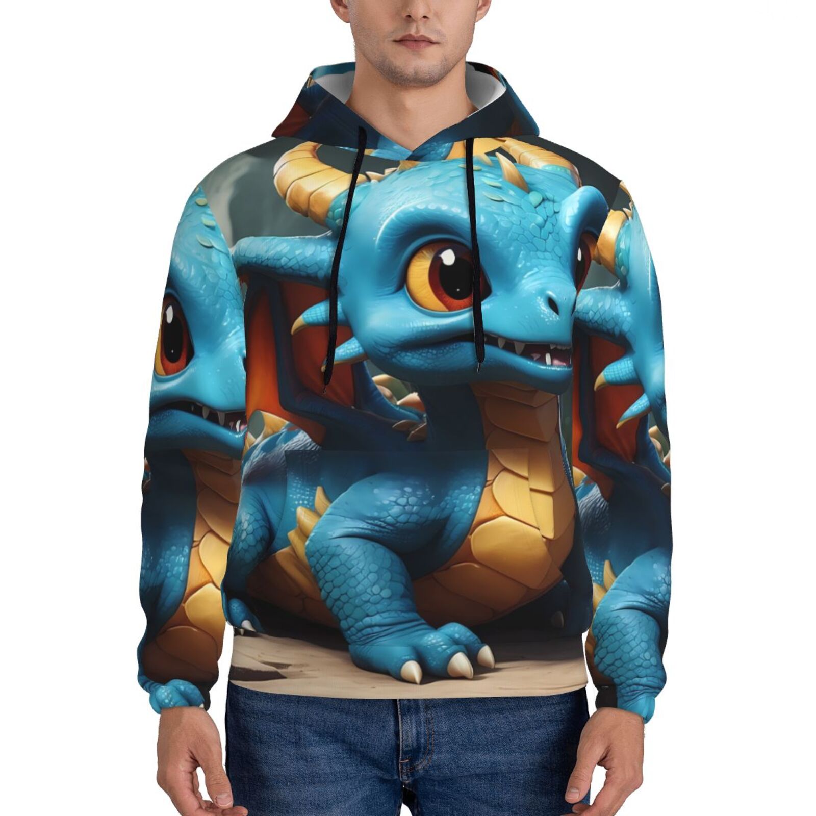 Balery Adorable Blue Baby Dragon Pattern Mens Hoodie Kangaroo Pocket
