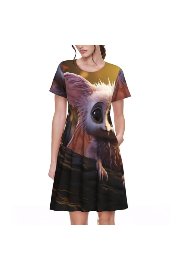 Adorable Fluffy Bat Pattern Womens Dresses Loose Short sleeve Sundresses Swimsuit Coverup 2025 Summer Casual Dress for Women - A-Line Swing Dress