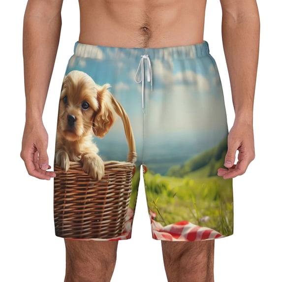 Balery Adorable Puppy Basket Mens Swim Trunks Swim Shorts for Men Quick Dry Inseam Beach Shorts with Compression Liner Pocket-X-Large