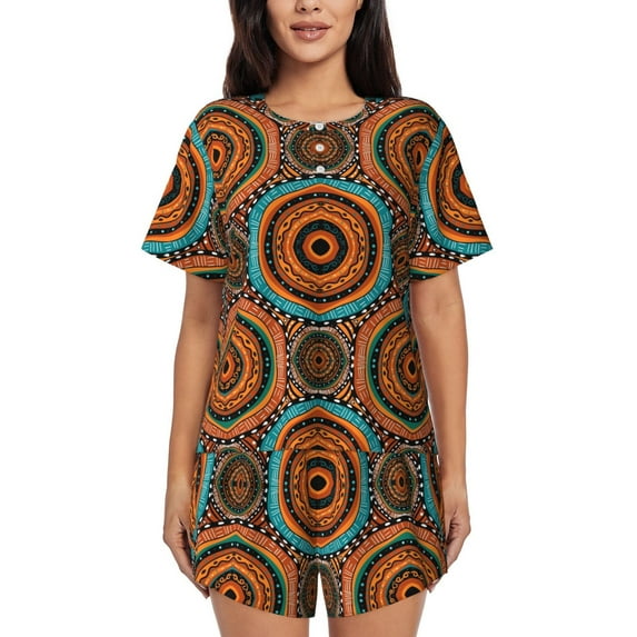 Balery African Tribal Style Pattern Womens Pajama Sets 2 Piece Soft Short Sleeve Top and Shorts Sleepwear Round Neck Pjs Lounge Set with Pockets-Large