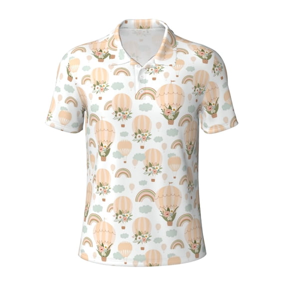 Balery Air Balloon and Flower Printed Men’s Short Sleeve Polo Shirt, Midweight Men's Shirt,Golf Polo shirts -XX-Large