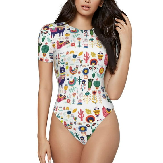 Balery Alpaca Flower Women's Short Sleevee Crew Neck Bodysuit Tops Short Sleeve Tops Basic-Medium