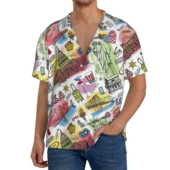 Balery America Landmarks1 Men's Casual Button Down Shirt Short Sleeve Textured Summer Cuban Beach Shirts-3X-Large