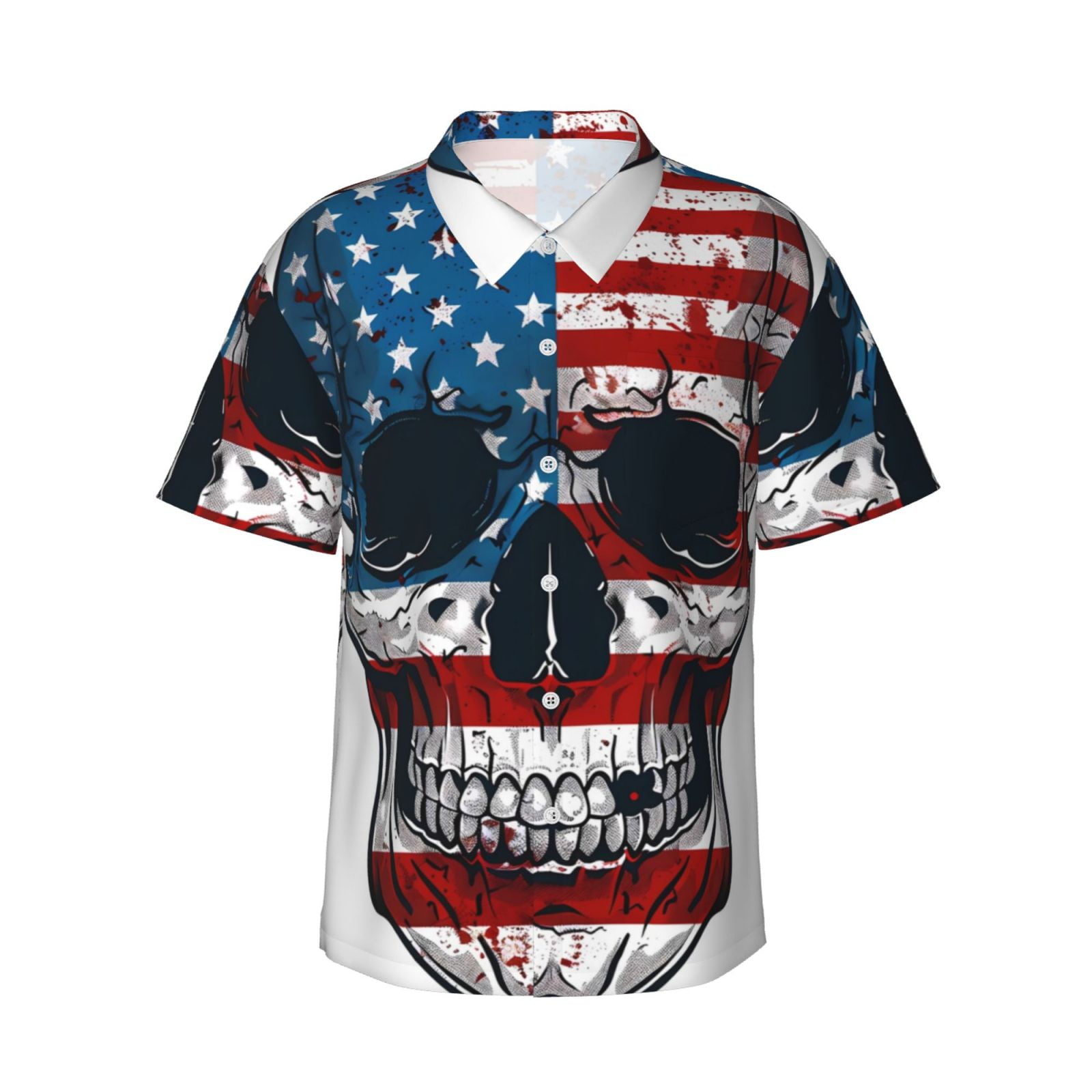 Balery American Flag Skull Print Men's Hawaiian Shirts Short Sleeve