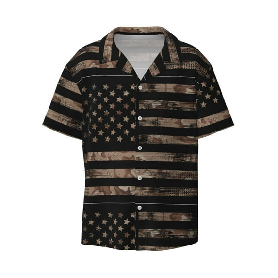 Balery American Flag with Desert Camouflage Men's Casual Button Down Shirt Short Sleeve Textured Summer Cuban Beach Shirts-4X-Large