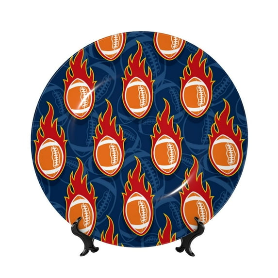 Balery American Football and Fire Flames Print Bone China Decorative Plate Ceramic Dinner Plates Art Crafts with Display Stand-6in