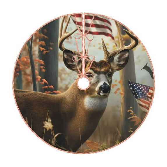 Balery American Wildlife Deer Forest Printed Christmas Tree Skirt , Merry Christmas Party Christmas Tree Decoration,Adjustable Tree Skirt-36"