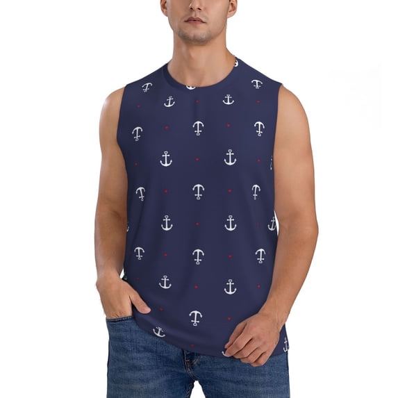 Balery Anchor Heart Blue Men's Sleeveless Muscle Shirts Workout Tank Top, Moisture Wicking, Odor Protection-XX-Large