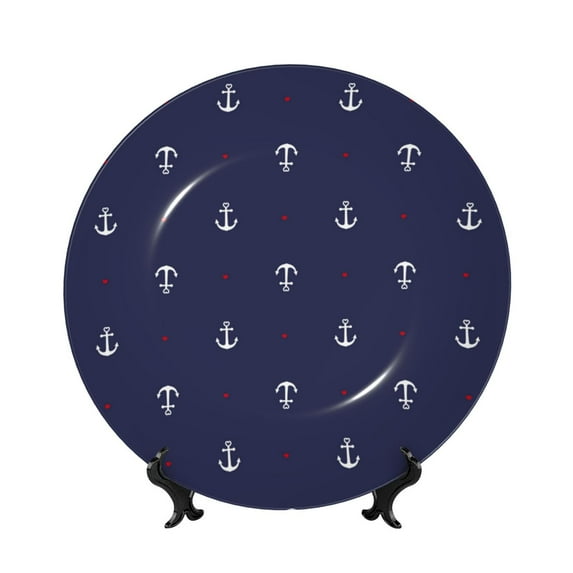 Balery Anchors Heart Blue Print Bone China Decorative Plate Ceramic Dinner Plates Art Crafts with Display Stand-8in
