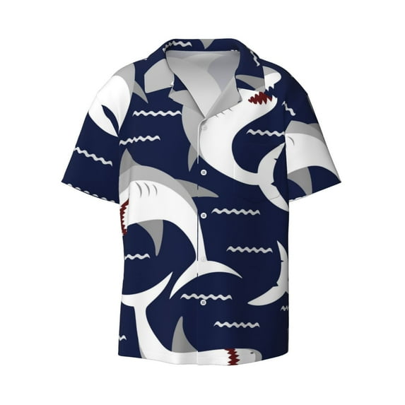 Balery Angry Shark Men's Casual Button Down Shirt Short Sleeve Textured Summer Cuban Beach Shirts-Large