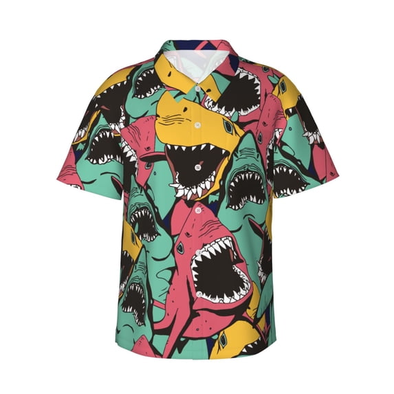 Balery Angry Shark Pattern Print Men's Hawaiian Shirts Short Sleeve Beach Shirt Relaxed Fit Vacation Button Down Shirts-3X-Large