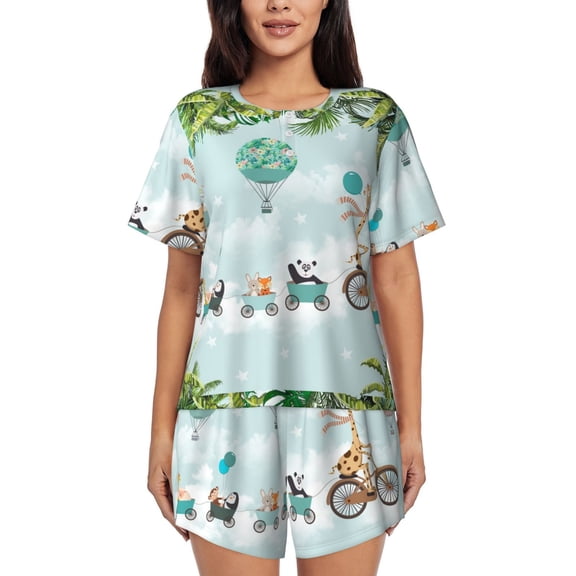 Balery Animals Riding Across The Sky Pattern Womens Pajama Sets 2 Piece Soft Short Sleeve Top and Shorts Sleepwear Round Neck Pjs Lounge Set with Pockets-Large