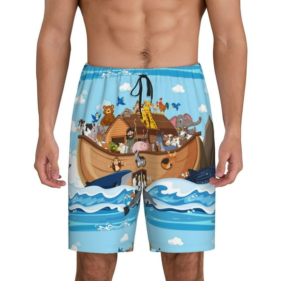 Balery Animals on Noah's Ark Floating Men's Cotton Knit Pajama Shorts Waistband & Pockets,Short Pajama Pants-Large