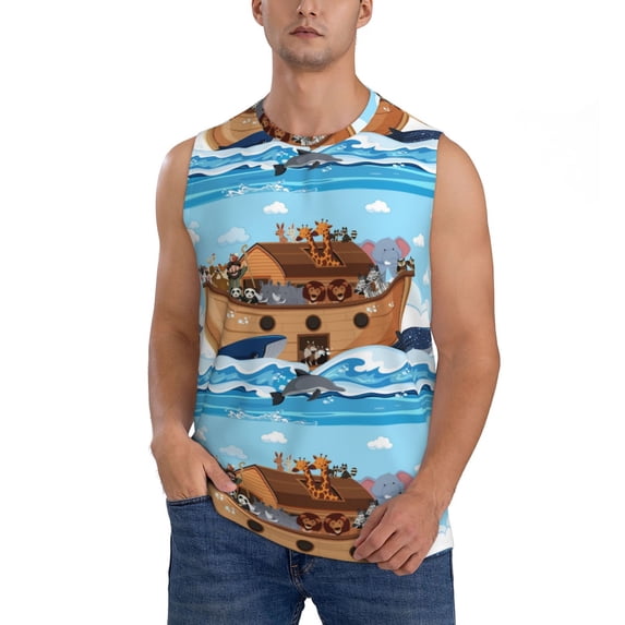 Balery Animals on Noah's Ark Men's Sleeveless Muscle Shirts Workout Tank Top, Moisture Wicking, Odor Protection-Large