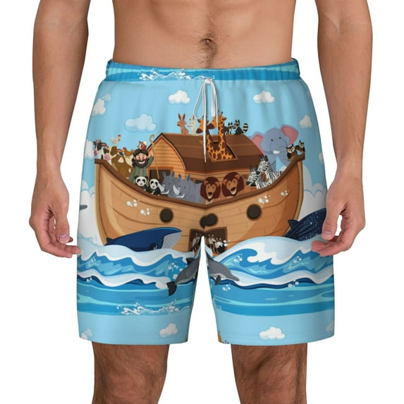 Balery Animals on Noah's Ark Mens Swim Trunks Swim Shorts for Men Quick Dry Inseam Beach Shorts with Compression Liner Pocket-XX-Large