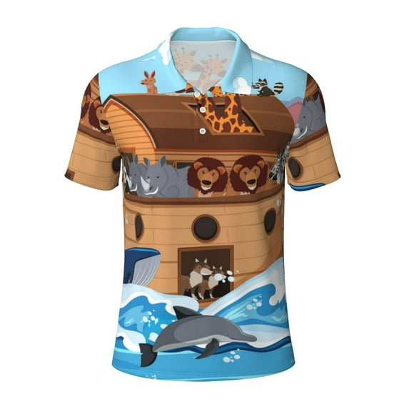 Balery Animals on Noah's Ark Printed Men’s Short Sleeve Polo Shirt, Midweight Men's Shirt,Golf Polo shirts -Small