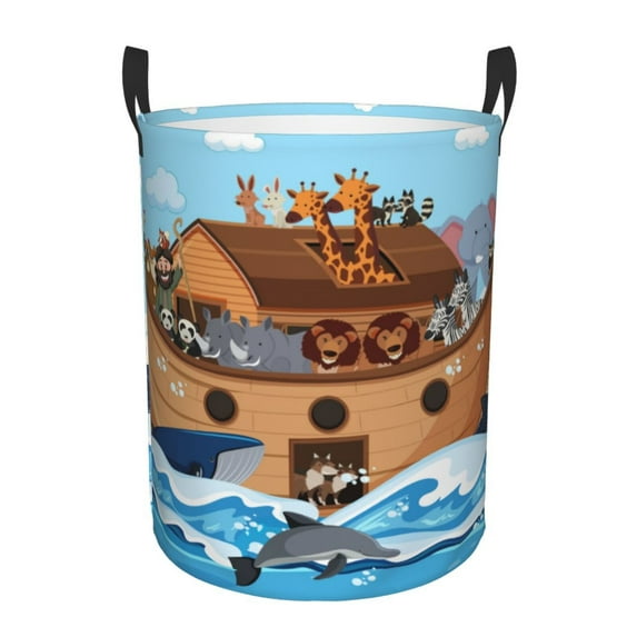 Balery Animals on Noah's Ark Round Laundry Basket with Handles Waterproof Freestanding Laundry Hamper for Clothes Toys in the Dorm and Family-Medium