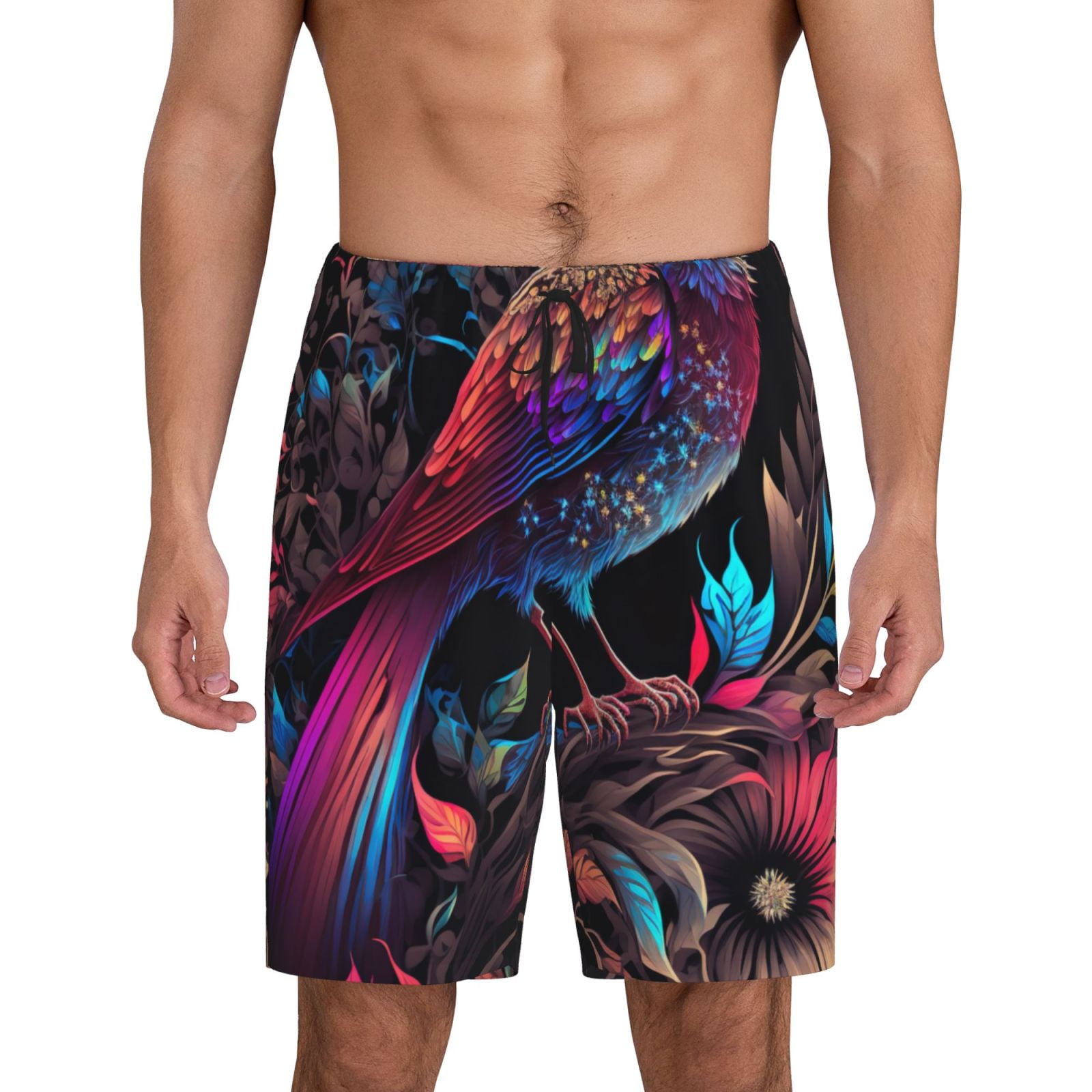 Balery Artistic Colorful Bird Men's Cotton Knit Pajama Shorts Waistband