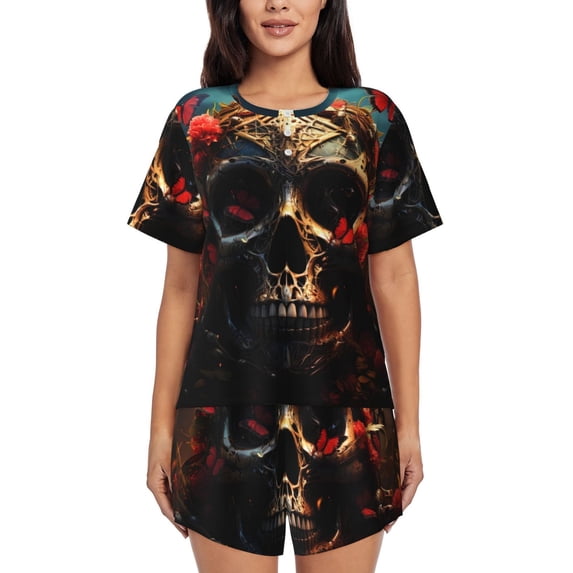 Balery Artistic Flower Butterfly Skull Pattern Womens Pajama Sets 2 Piece Soft Short Sleeve Top and Shorts Sleepwear Round Neck Pjs Lounge Set with Pockets-XX-Large