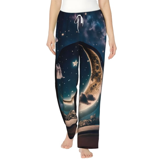 Balery Artistic Starry Sky Moon Book print Women's Pajama Pants,Ultra Lightweight Pjs,Lounge Pant-Small