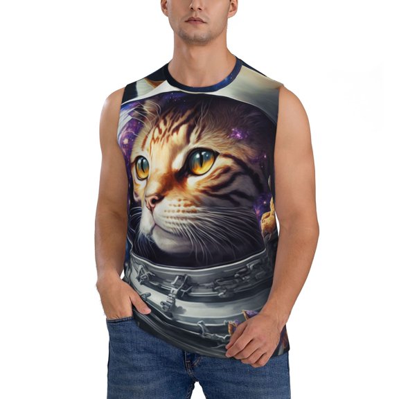 Balery Astronaut Cat Men's Sleeveless Muscle Shirts Workout Tank Top, Moisture Wicking, Odor Protection-Medium