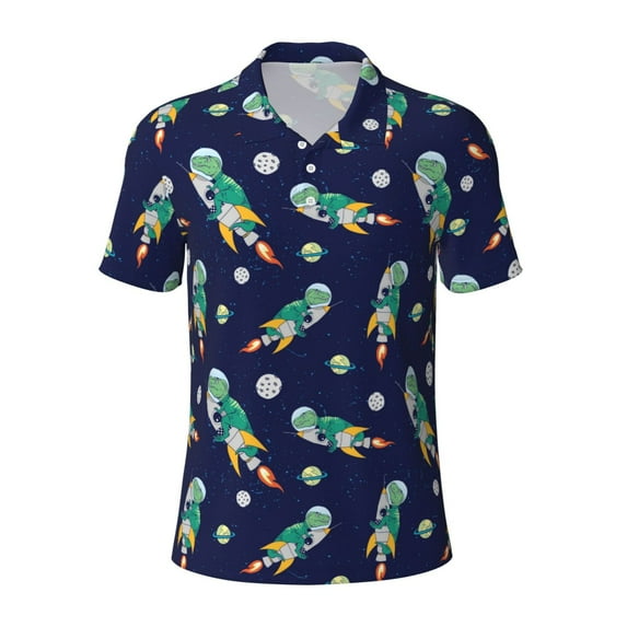 Balery Astronaut Dinosaur Printed Men’s Short Sleeve Polo Shirt, Midweight Men's Shirt,Golf Polo shirts -Small