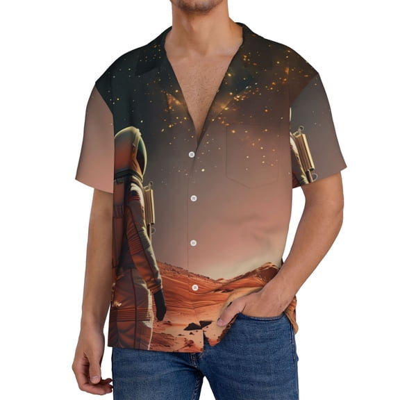 Balery Astronaut On Mars A Men's Casual Button Down Shirt Short Sleeve Textured Summer Cuban Beach Shirts-4X-Large