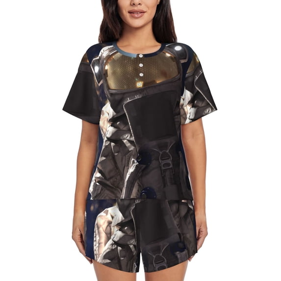 Balery Astronaut Pattern Womens Pajama Sets 2 Piece Soft Short Sleeve Top and Shorts Sleepwear Round Neck Pjs Lounge Set with Pockets-XX-Large