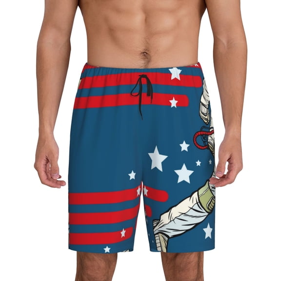 Balery Astronaut Runs Forward Men's Cotton Knit Pajama Shorts Waistband & Pockets,Short Pajama Pants-Medium