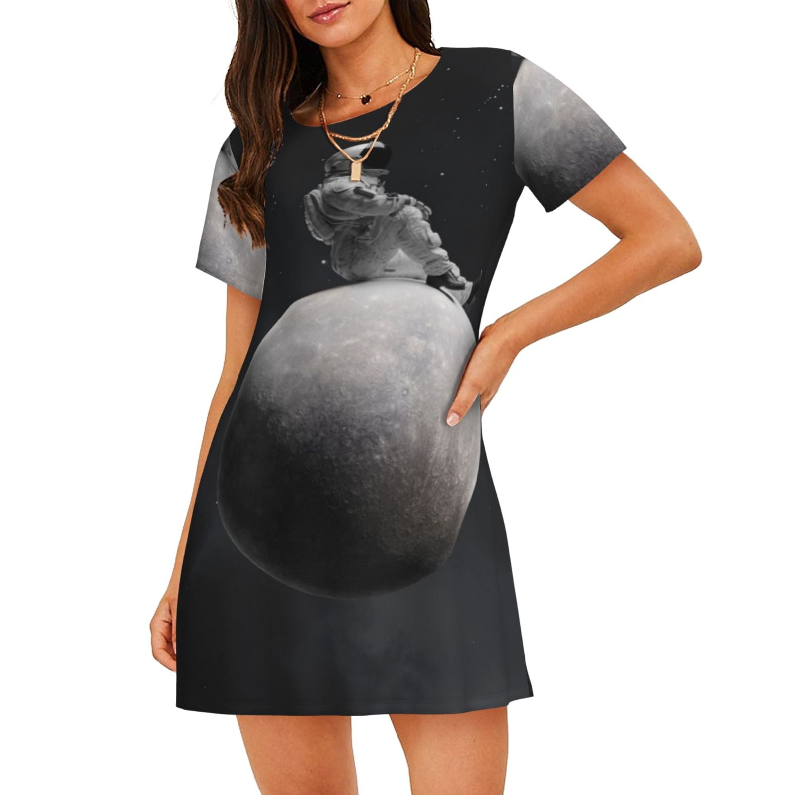 Balery Astronaut Sitting On Mercury Planet Pattern Womens Short Sleeve ...