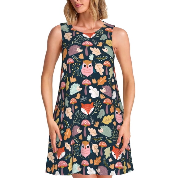 Balery Autumn Forest Pattern Women’s Summer Dresses – Loose Sleeveless Sundress, Casual and Comfortable Beach Dress for Hot Days