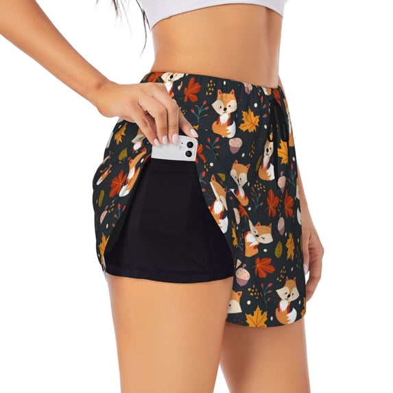 Balery Autumn Fox Pattern Women's Running Shorts with Liner 2 Pockets Elastic Workout Athletic Gym Yoga Shorts-XX-Large